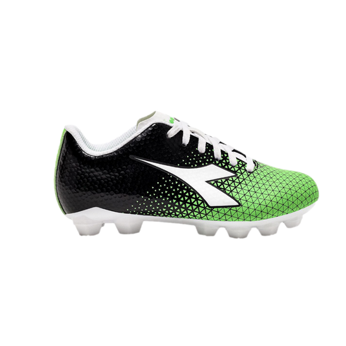 A black and green Diadora soccer cleat with a geometric pattern, white logo, white laces, and white molded studs.