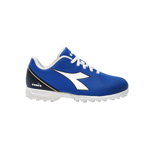 Blue Diadora turf soccer shoe with a large white logo, white laces, and a white studded sole, shown from the side on a white background.