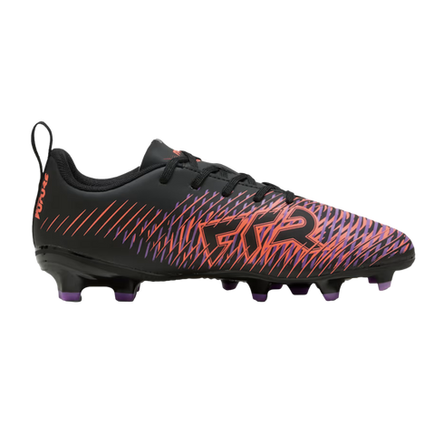 A black soccer cleat featuring a vibrant orange and purple graphic pattern, black laces, and purple-tipped studs. The word "FUTURE" is visible on the heel pull tab.