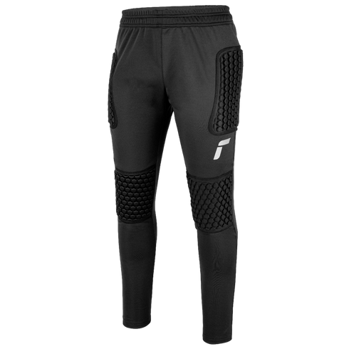 Black athletic goalkeeper pants featuring protective hexagonal honeycomb padding on the hips and knees with a white logo on the left thigh.