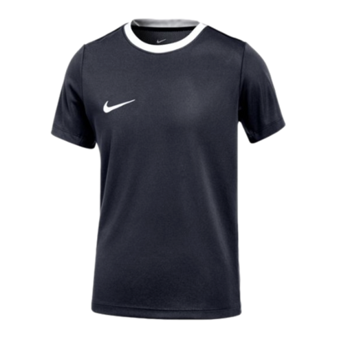Short-sleeved navy blue Nike athletic shirt with a white crew neck collar and a white swoosh logo on the chest.