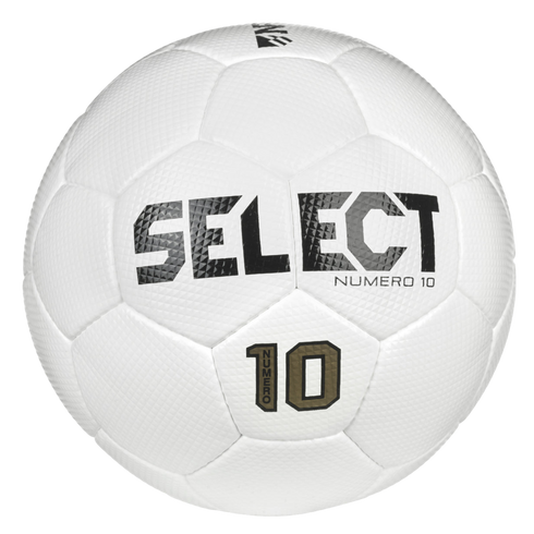 A white textured soccer ball featuring the brand "SELECT" and model "NUMERO 10" in black and gold lettering.