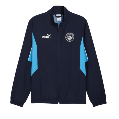 A navy blue Puma zip-up jacket for Manchester City FC, featuring light blue side panels, the white Puma logo, and the team's crest.
