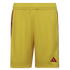 A pair of yellow Adidas athletic shorts with maroon side stripes and a maroon logo on the left leg.