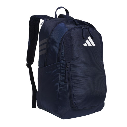 A navy blue Adidas backpack with a white logo, multiple zippered compartments, two shoulder straps, and a top handle.