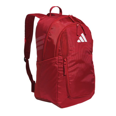 A bright red Adidas backpack with a white logo on the front. It features several zippered compartments, a side mesh pocket, and padded shoulder straps.