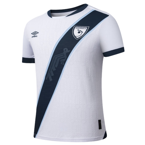 White Guatemala national team soccer jersey by Umbro featuring a navy blue diagonal sash, team crest, and a subtle patterned texture.