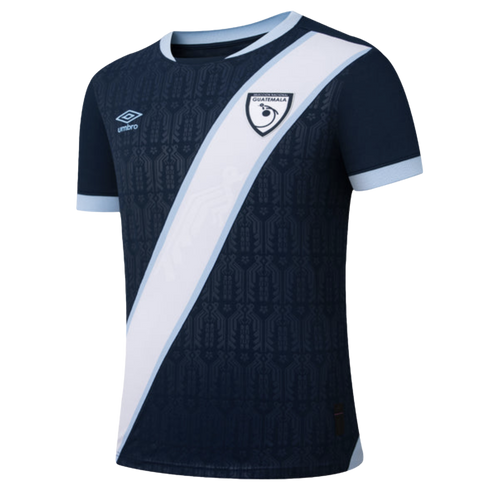 Navy blue Umbro Guatemala soccer jersey featuring a white diagonal sash with a team crest, tonal patterns, and light blue trim on the collar and cuffs.