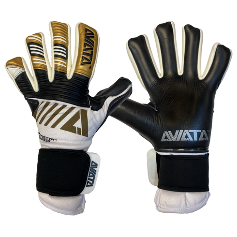 A pair of Aviata goalkeeper gloves. The left glove shows the gold, black, and white backhand, and the right glove shows the black palm with silver logos.