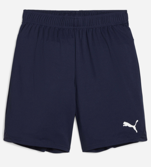 Navy blue Puma athletic shorts featuring an elastic waistband and a white logo on the lower left leg.