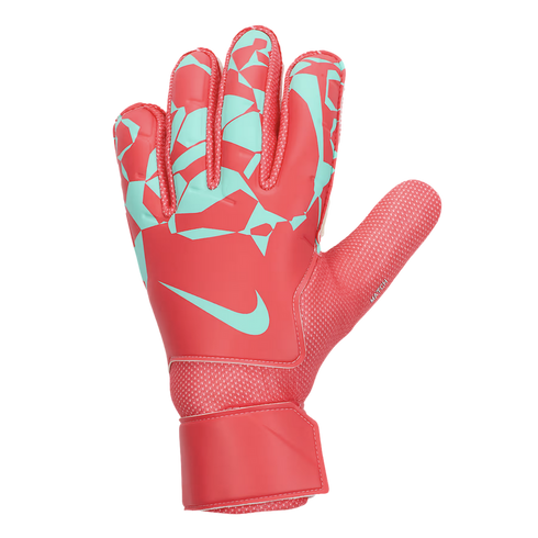 A bright coral Nike goalkeeper glove featuring light green geometric patterns on the fingers and a matching green swoosh logo.