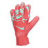 A bright coral Nike goalkeeper glove featuring light green geometric patterns on the fingers and a matching green swoosh logo.