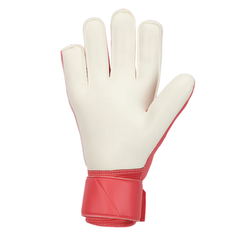 A goalkeeper glove with a cream latex palm and red back and wrist strap, shown against a white background.