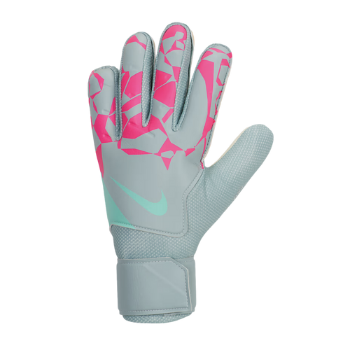 A grey Nike goalkeeper glove featuring a pink geometric pattern and a light turquoise swoosh, with a wide adjustable wrist strap.