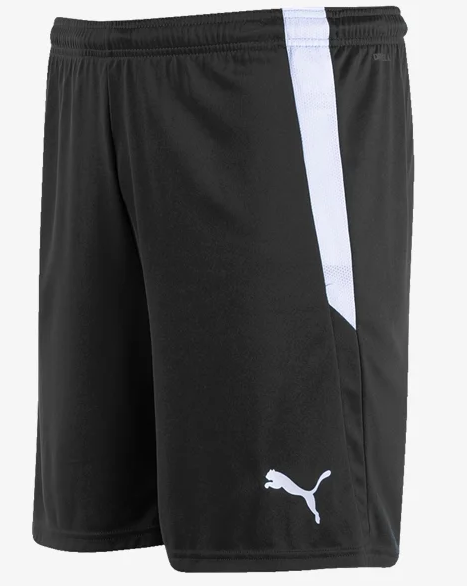 Black Puma athletic shorts with a white side stripe and a white jumping cat logo on the lower leg.
