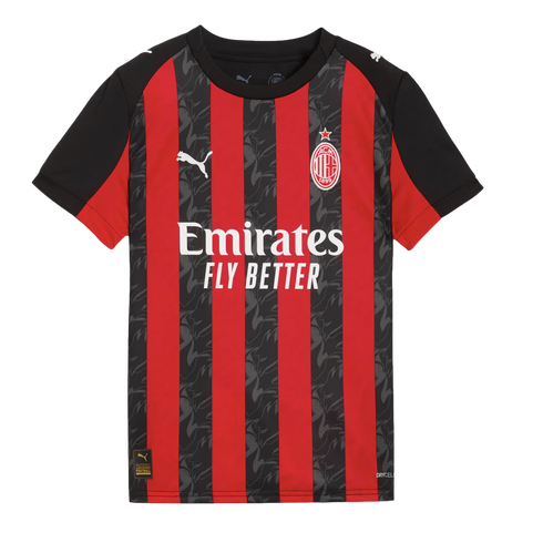An AC Milan home football jersey featuring red and black vertical stripes, white Puma and Emirates logos, and the club crest.