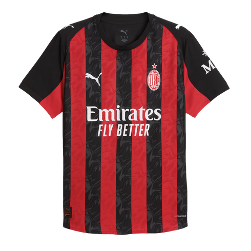 AC Milan home soccer jersey with red and black vertical stripes, featuring the club crest, white Puma logo, and "Emirates FLY BETTER" sponsor.