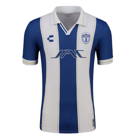 Blue and white striped Pachuca soccer jersey featuring a white polo collar, team crest, and JAC sponsor logo.