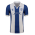 Blue and white striped Pachuca soccer jersey featuring a white polo collar, team crest, and JAC sponsor logo.