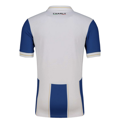 Back view of a white Charly brand jersey with royal blue sleeves. Features blue block details at the bottom hem and thin gold stripes on the collar and cuffs.