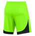 Rear view of neon green athletic shorts featuring curved black mesh side panels and black hem trim.