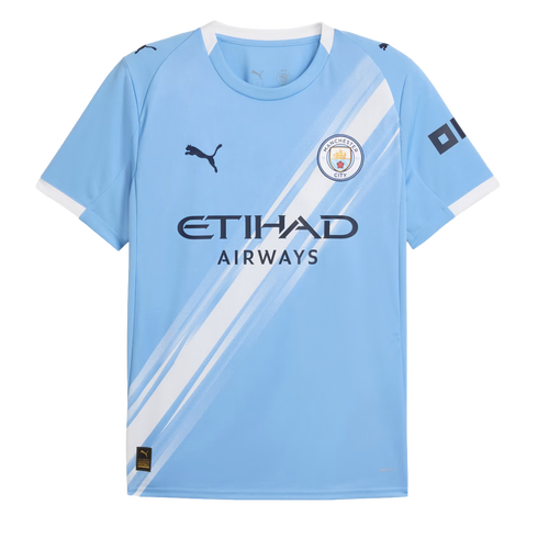 Manchester City light blue home football jersey featuring a white diagonal sash, Puma logo, Manchester City crest, and Etihad Airways sponsor.