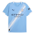 Manchester City light blue home football jersey featuring a white diagonal sash, Puma logo, Manchester City crest, and Etihad Airways sponsor.