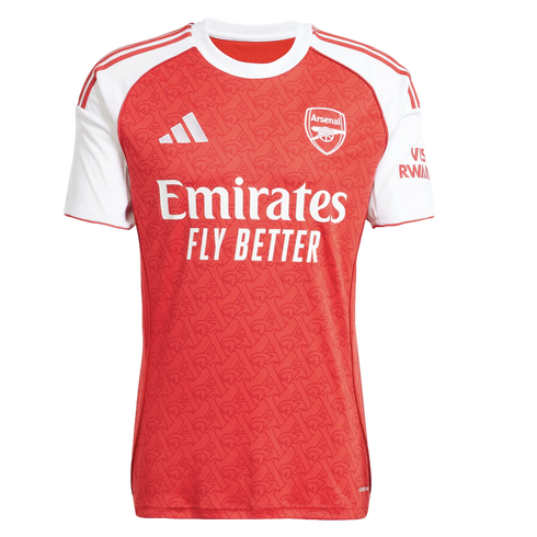 Adidas Arsenal home football jersey featuring a red patterned body, white sleeves, and the "Emirates FLY BETTER" sponsor logo.