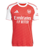 Adidas Arsenal home football jersey featuring a red patterned body, white sleeves, and the "Emirates FLY BETTER" sponsor logo.