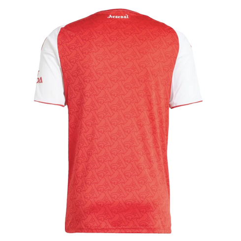 Back view of a red and white Arsenal jersey featuring a tonal repeating pattern and white "Arsenal" script on the back of the neck.