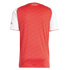 Back view of a red and white Arsenal jersey featuring a tonal repeating pattern and white "Arsenal" script on the back of the neck.