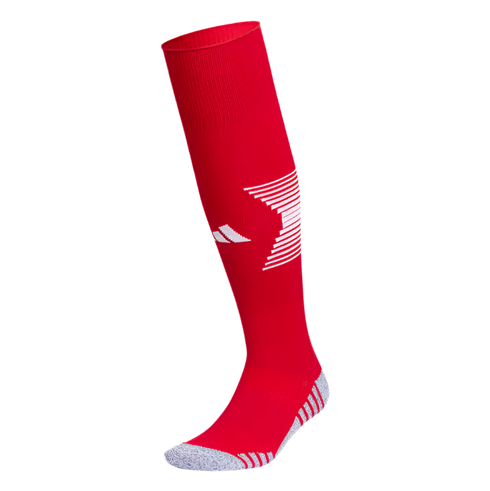 Red Adidas soccer sock with a white calf logo, white stripes on the back, and grey patterned heel and toe sections.