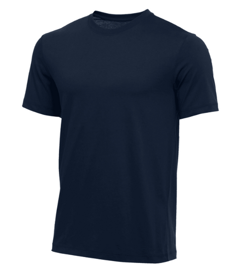 A plain navy blue short-sleeved crew-neck t-shirt shown against a white background.