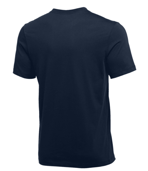 The back view of a navy blue short-sleeved crew neck t-shirt.