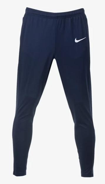 A pair of navy blue Nike athletic pants with a white swoosh logo on the left hip and a tapered fit.