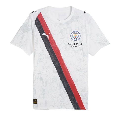 White Manchester City football jersey featuring a diagonal black and red sash, club crest, Etihad Airways sponsor logo, and Puma branding.