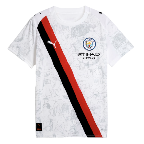 A white Manchester City soccer jersey featuring a red and black diagonal sash, a faint grey crowd graphic pattern, the club crest, and sponsor logos.
