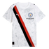 A white Manchester City soccer jersey featuring a red and black diagonal sash, a faint grey crowd graphic pattern, the club crest, and sponsor logos.
