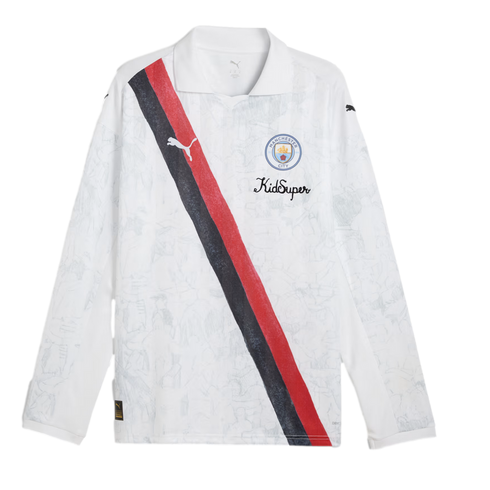 A white long-sleeved Manchester City soccer jersey with a polo collar, featuring a diagonal red and black sash and "KidSuper" branding on the chest.