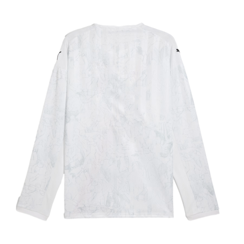 Rear view of a white long-sleeved Puma jersey featuring a subtle light gray abstract graphic pattern and small black logos on the shoulders.