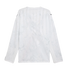 Rear view of a white long-sleeved Puma jersey featuring a subtle light gray abstract graphic pattern and small black logos on the shoulders.