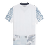 Back of a white sports jersey with blue-striped sleeves, a navy collar, and an abstract grey-blue watercolor design across the bottom hem.