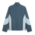 Rear view of a dark blue-grey windbreaker with light blue color-blocked side panels and sleeve details.