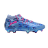 A side view of a blue Puma soccer cleat with pink laces and logo. The upper features a dark blue graphic eye pattern, and the soleplate is iridescent with pink-tipped studs.