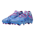 A pair of light blue Puma soccer cleats with dark blue eye graphics, pink laces, and pink logos. The soles feature iridescent blue and pink studs.