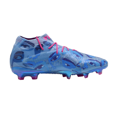 Blue high-top soccer cleat with a graphic print of stylized eyes, bright pink laces, and an iridescent blue-to-pink soleplate.