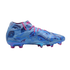 Blue high-top soccer cleat with a graphic print of stylized eyes, bright pink laces, and an iridescent blue-to-pink soleplate.