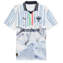 White Puma soccer jersey for CF Monterrey featuring blue brushstroke stripes, a watercolor mountain landscape graphic, and the "codere" sponsor logo.