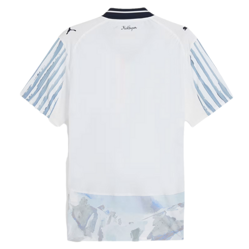 The back of a white short-sleeved jersey with blue brushstroke sleeves, an abstract watercolor hem, and "KidSuper" branding at the neck.