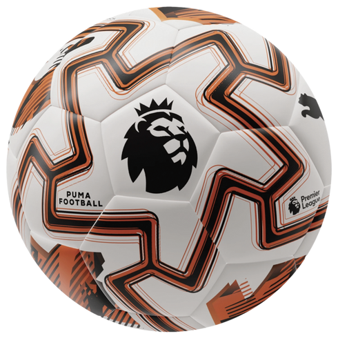 White Puma Premier League football featuring bold orange and black zigzag designs and the iconic lion logo.